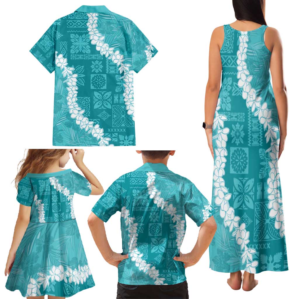 Hawaii Aloha Family Matching Tank Maxi Dress and Hawaiian Shirt Teal Quilt Patch Work Mix Plumeria Lei LT7 - Polynesian Pride