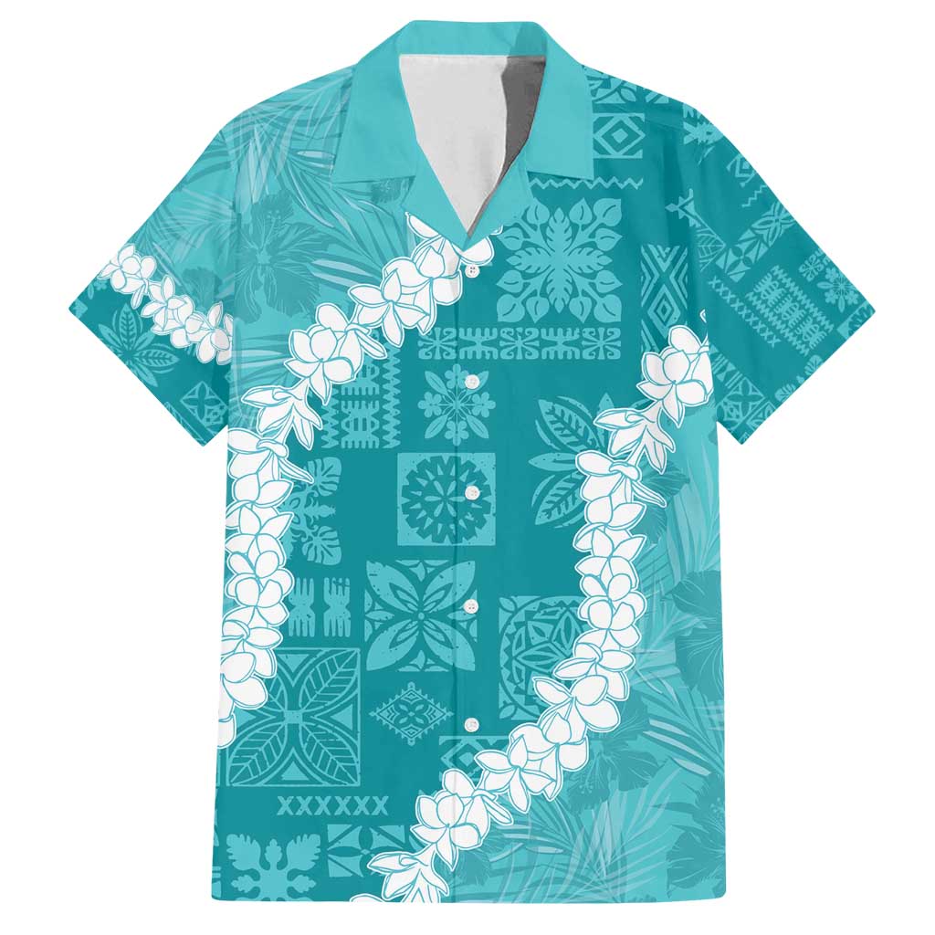 Hawaii Aloha Family Matching Tank Maxi Dress and Hawaiian Shirt Teal Quilt Patch Work Mix Plumeria Lei LT7 Dad's Shirt - Short Sleeve Teal - Polynesian Pride