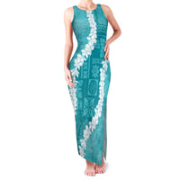 Hawaii Aloha Family Matching Tank Maxi Dress and Hawaiian Shirt Teal Quilt Patch Work Mix Plumeria Lei LT7 Mom's Dress Teal - Polynesian Pride
