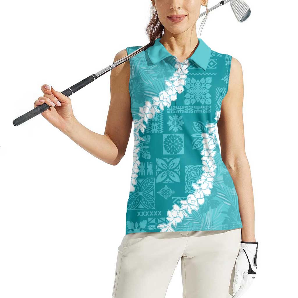 Hawaii Aloha Women Sleeveless Polo Shirt Teal Quilt Patch Work Mix Plumeria Lei
