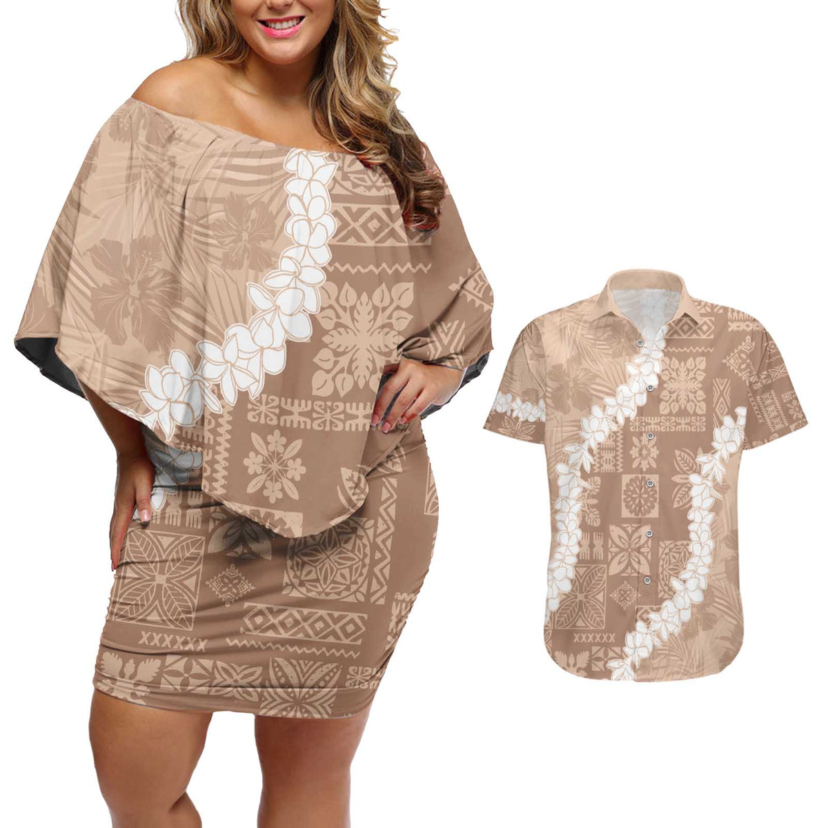 Hawaii Aloha Couples Matching Off Shoulder Short Dress and Hawaiian Shirt Beige Quilt Patch Work Mix Plumeria Lei