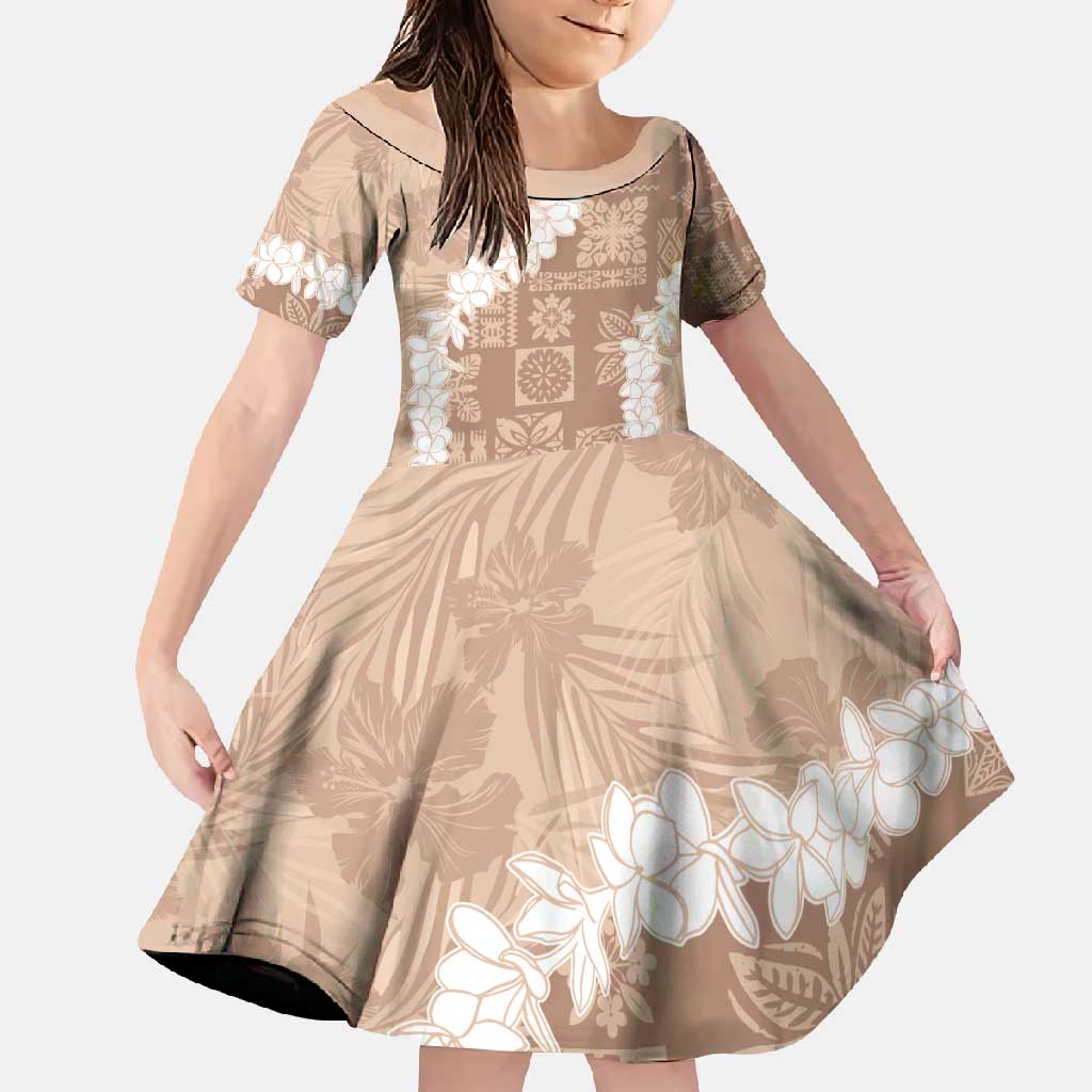 Hawaii Aloha Family Matching Long Sleeve Bodycon Dress and Hawaiian Shirt Beige Quilt Patch Work Mix Plumeria Lei LT7 Daughter's Dress Beige - Polynesian Pride