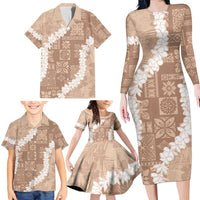 Hawaii Aloha Family Matching Long Sleeve Bodycon Dress and Hawaiian Shirt Beige Quilt Patch Work Mix Plumeria Lei LT7 - Polynesian Pride