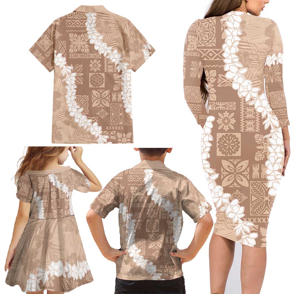 Hawaii Aloha Family Matching Long Sleeve Bodycon Dress and Hawaiian Shirt Beige Quilt Patch Work Mix Plumeria Lei LT7 - Polynesian Pride