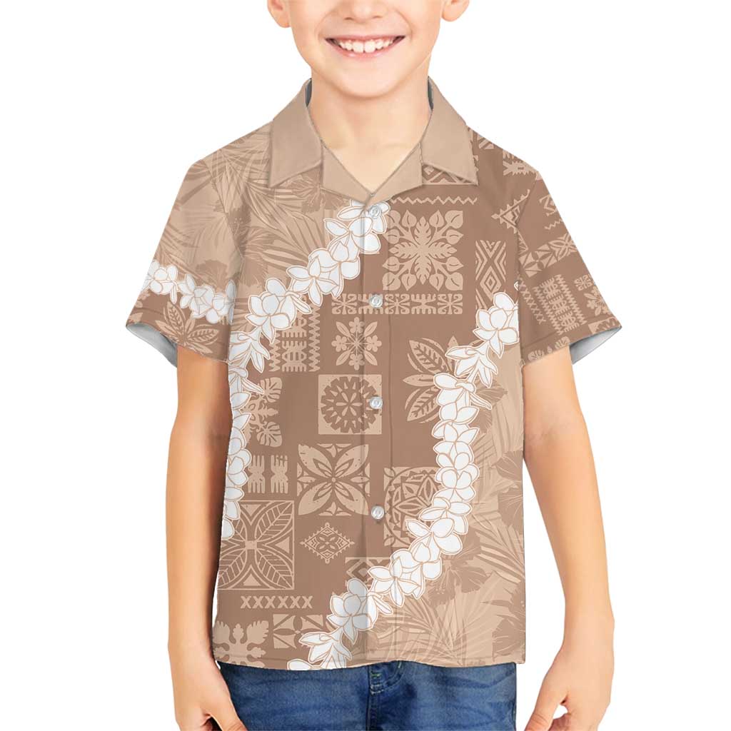 Hawaii Aloha Family Matching Long Sleeve Bodycon Dress and Hawaiian Shirt Beige Quilt Patch Work Mix Plumeria Lei LT7 Son's Shirt Beige - Polynesian Pride