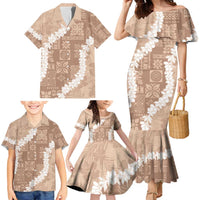 Hawaii Aloha Family Matching Mermaid Dress and Hawaiian Shirt Beige Quilt Patch Work Mix Plumeria Lei LT7 - Polynesian Pride