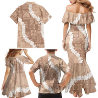 Hawaii Aloha Family Matching Mermaid Dress and Hawaiian Shirt Beige Quilt Patch Work Mix Plumeria Lei LT7 - Polynesian Pride