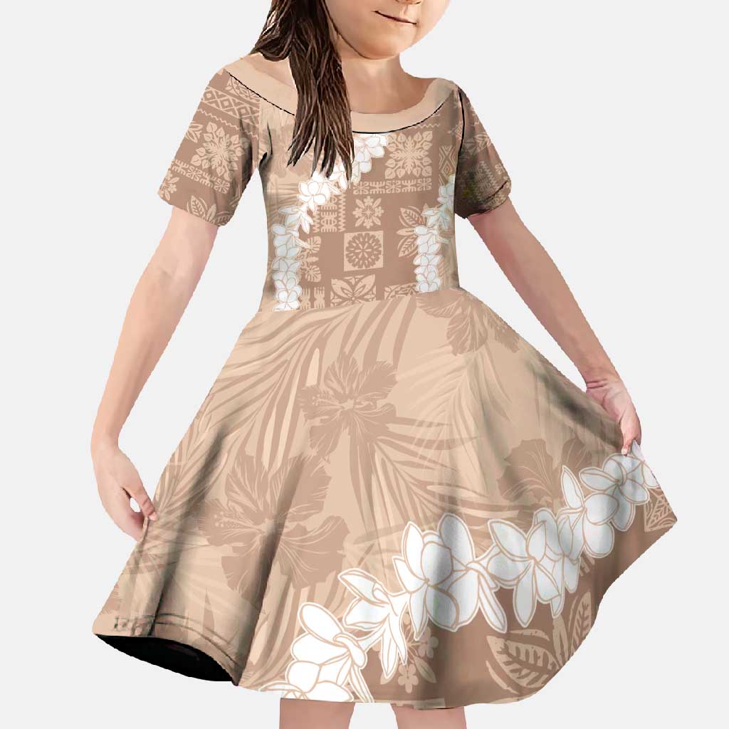 Hawaii Aloha Family Matching Off Shoulder Maxi Dress and Hawaiian Shirt Beige Quilt Patch Work Mix Plumeria Lei LT7 Daughter's Dress Beige - Polynesian Pride