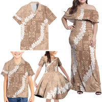 Hawaii Aloha Family Matching Off Shoulder Maxi Dress and Hawaiian Shirt Beige Quilt Patch Work Mix Plumeria Lei LT7 - Polynesian Pride