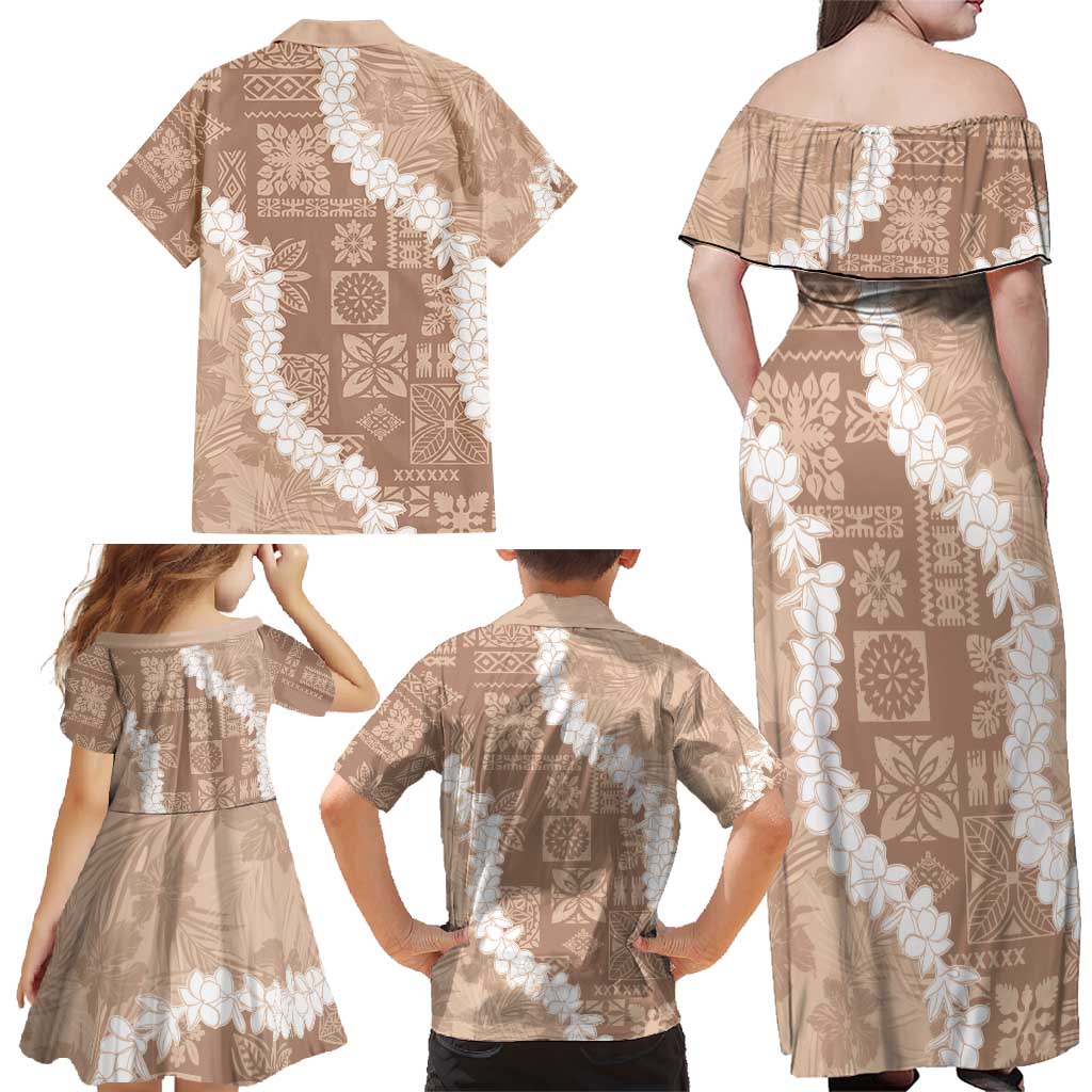 Hawaii Aloha Family Matching Off Shoulder Maxi Dress and Hawaiian Shirt Beige Quilt Patch Work Mix Plumeria Lei LT7 - Polynesian Pride
