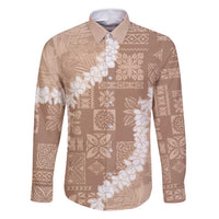 Hawaii Aloha Family Matching Off Shoulder Maxi Dress and Hawaiian Shirt Beige Quilt Patch Work Mix Plumeria Lei LT7 Dad's Shirt - Long Sleeve Beige - Polynesian Pride