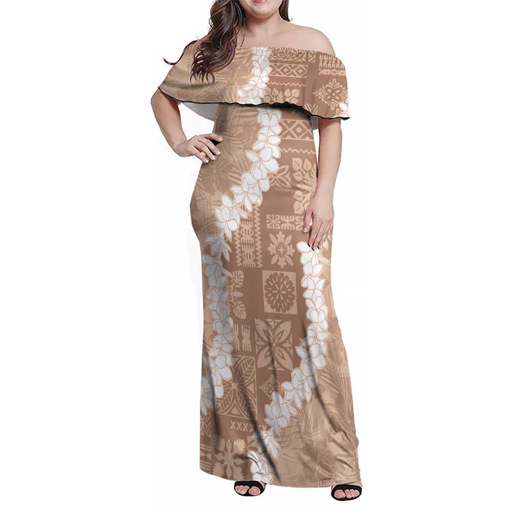 Hawaii Aloha Family Matching Off Shoulder Maxi Dress and Hawaiian Shirt Beige Quilt Patch Work Mix Plumeria Lei LT7 Mom's Dress Beige - Polynesian Pride