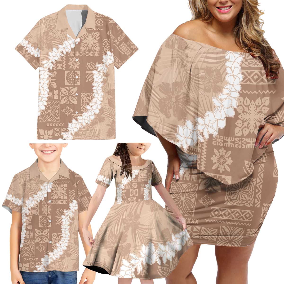 Hawaii Aloha Family Matching Off Shoulder Short Dress and Hawaiian Shirt Beige Quilt Patch Work Mix Plumeria Lei LT7 - Polynesian Pride