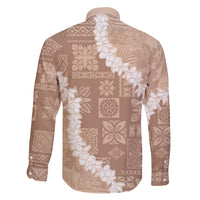 Hawaii Aloha Family Matching Off Shoulder Short Dress and Hawaiian Shirt Beige Quilt Patch Work Mix Plumeria Lei LT7 - Polynesian Pride