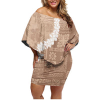 Hawaii Aloha Family Matching Off Shoulder Short Dress and Hawaiian Shirt Beige Quilt Patch Work Mix Plumeria Lei LT7 Mom's Dress Beige - Polynesian Pride