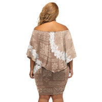 Hawaii Aloha Family Matching Off Shoulder Short Dress and Hawaiian Shirt Beige Quilt Patch Work Mix Plumeria Lei LT7 - Polynesian Pride