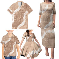 Hawaii Aloha Family Matching Puletasi and Hawaiian Shirt Beige Quilt Patch Work Mix Plumeria Lei