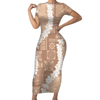 Hawaii Aloha Family Matching Short Sleeve Bodycon Dress and Hawaiian Shirt Beige Quilt Patch Work Mix Plumeria Lei LT7 Mom's Dress Beige - Polynesian Pride
