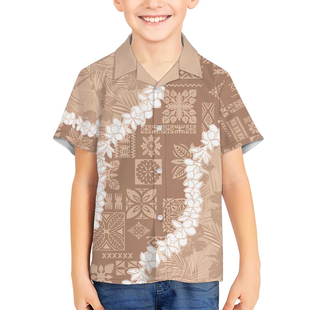 Hawaii Aloha Family Matching Short Sleeve Bodycon Dress and Hawaiian Shirt Beige Quilt Patch Work Mix Plumeria Lei LT7 Son's Shirt Beige - Polynesian Pride