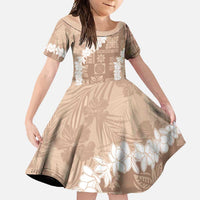 Hawaii Aloha Family Matching Summer Maxi Dress and Hawaiian Shirt Beige Quilt Patch Work Mix Plumeria Lei LT7 Daughter's Dress Beige - Polynesian Pride