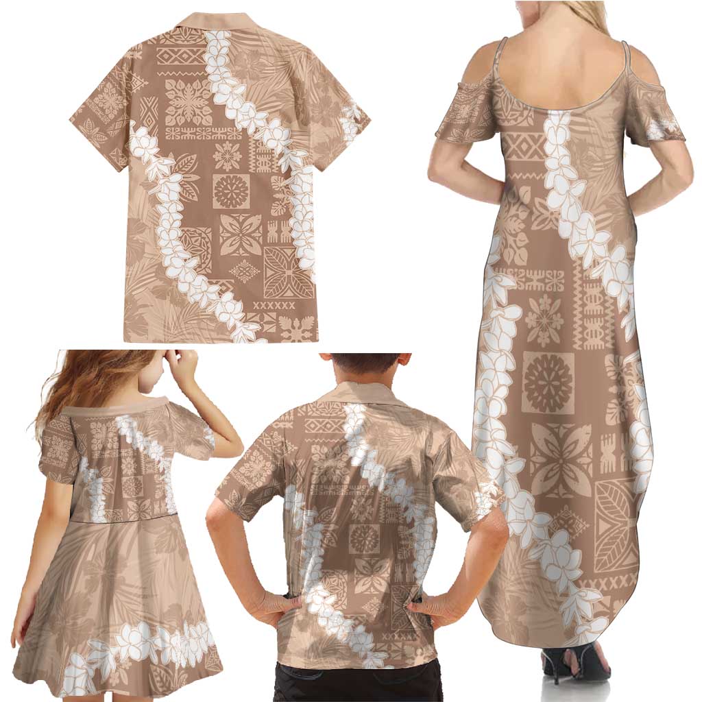 Hawaii Aloha Family Matching Summer Maxi Dress and Hawaiian Shirt Beige Quilt Patch Work Mix Plumeria Lei LT7 - Polynesian Pride