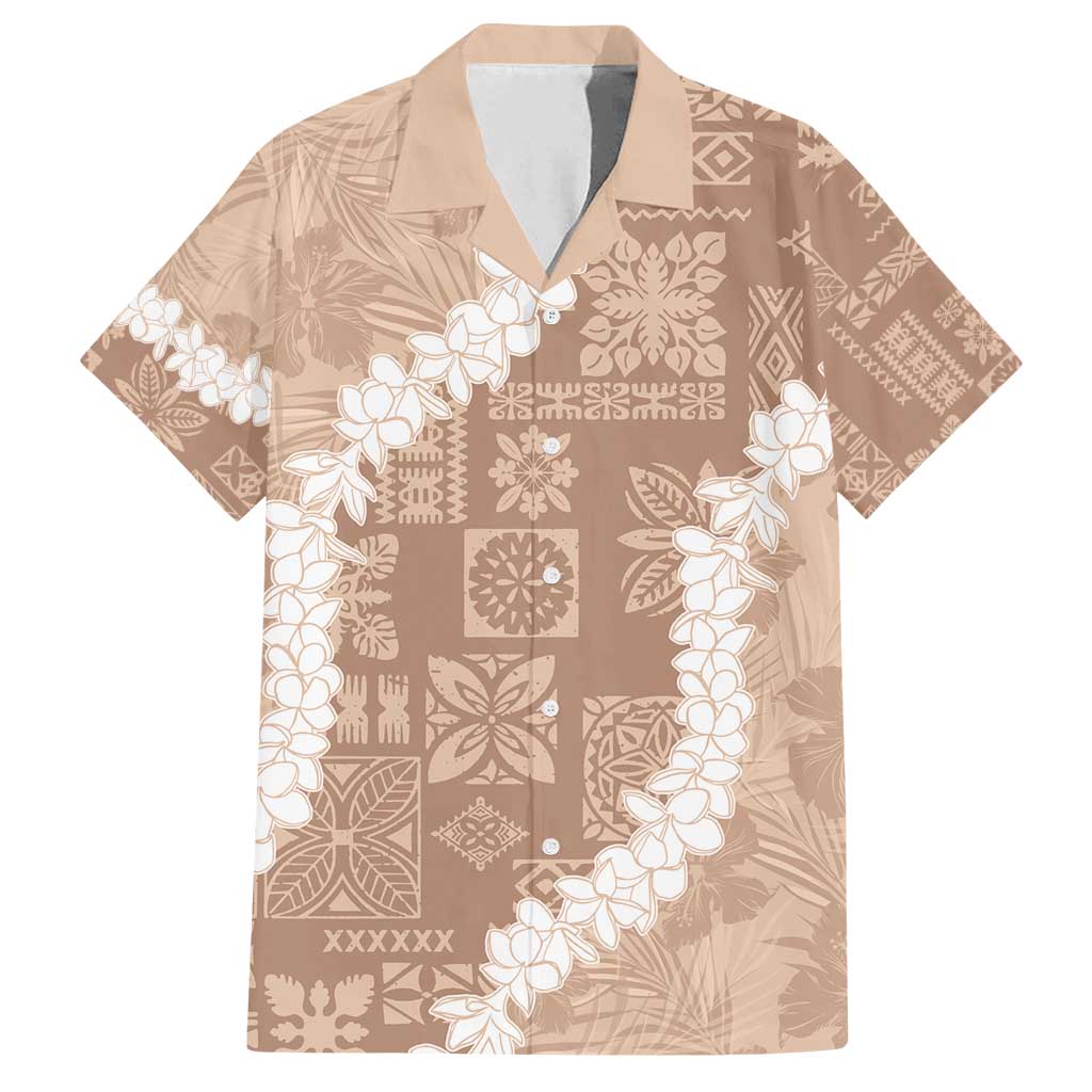 Hawaii Aloha Family Matching Summer Maxi Dress and Hawaiian Shirt Beige Quilt Patch Work Mix Plumeria Lei LT7 Dad's Shirt - Short Sleeve Beige - Polynesian Pride