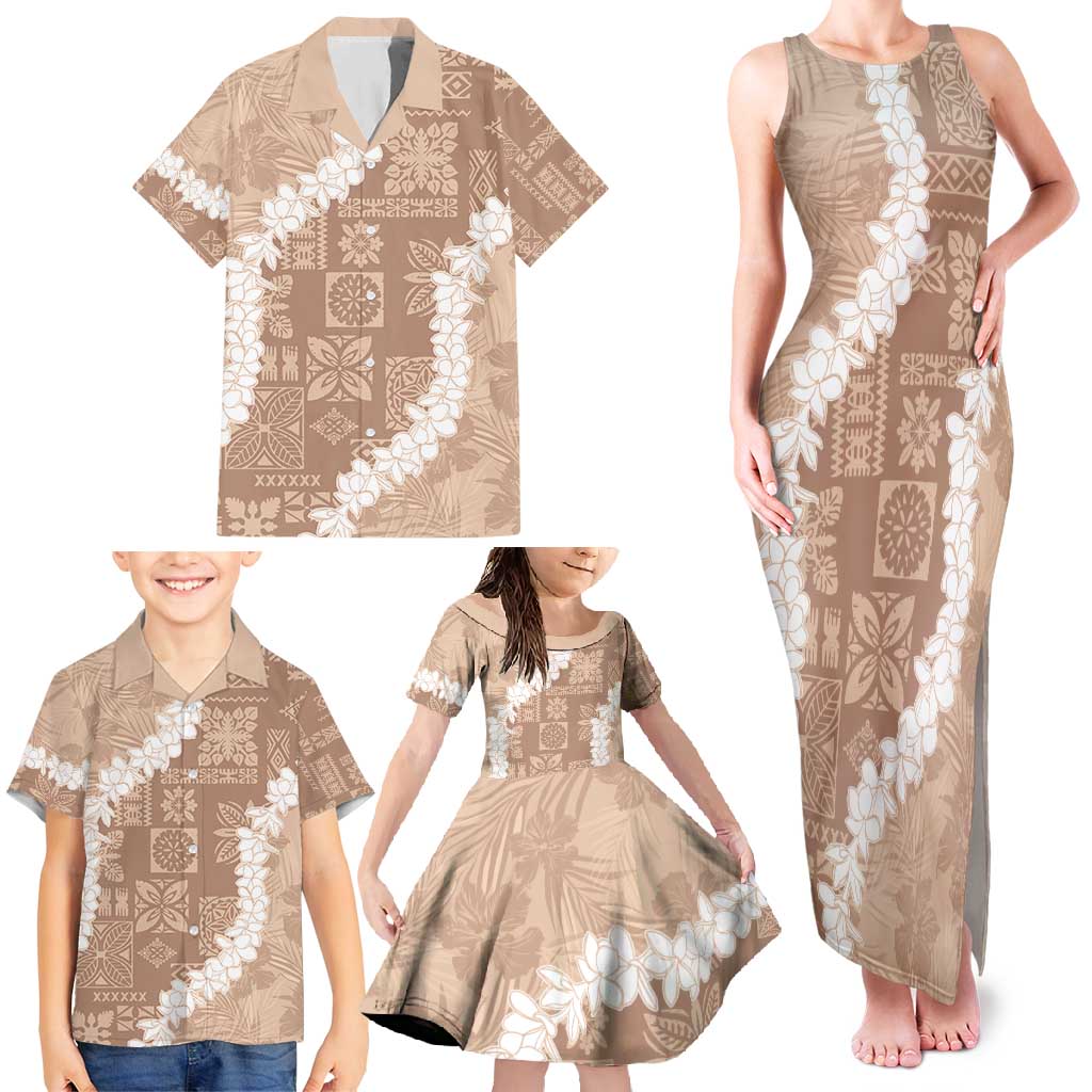 Hawaii Aloha Family Matching Tank Maxi Dress and Hawaiian Shirt Beige Quilt Patch Work Mix Plumeria Lei LT7 - Polynesian Pride