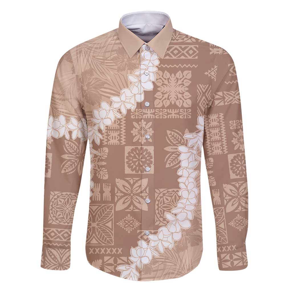 Hawaii Aloha Family Matching Tank Maxi Dress and Hawaiian Shirt Beige Quilt Patch Work Mix Plumeria Lei LT7 Dad's Shirt - Long Sleeve Beige - Polynesian Pride