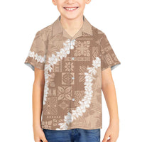 Hawaii Aloha Family Matching Tank Maxi Dress and Hawaiian Shirt Beige Quilt Patch Work Mix Plumeria Lei LT7 Son's Shirt Beige - Polynesian Pride
