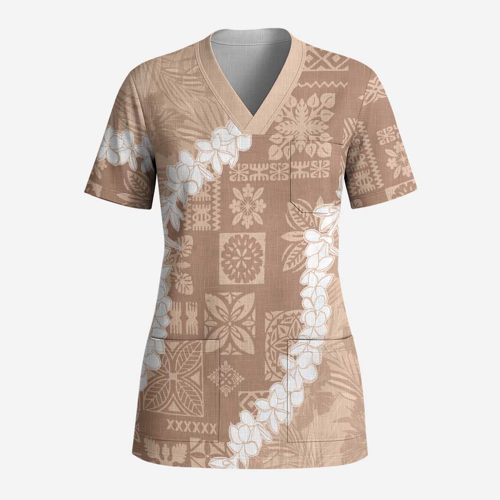 Hawaii Aloha Scrub Top Beige Quilt Patch Work Mix Plumeria Lei - Polynesian Pride
