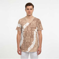Hawaii Aloha Scrub Top Beige Quilt Patch Work Mix Plumeria Lei - Polynesian Pride