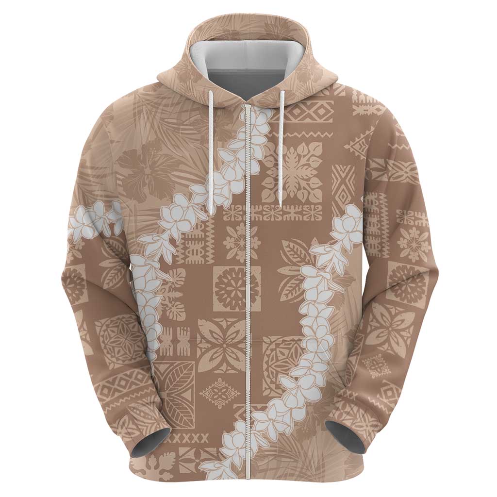 Hawaii Aloha Zip Hoodie Beige Quilt Patch Work Mix Plumeria Lei