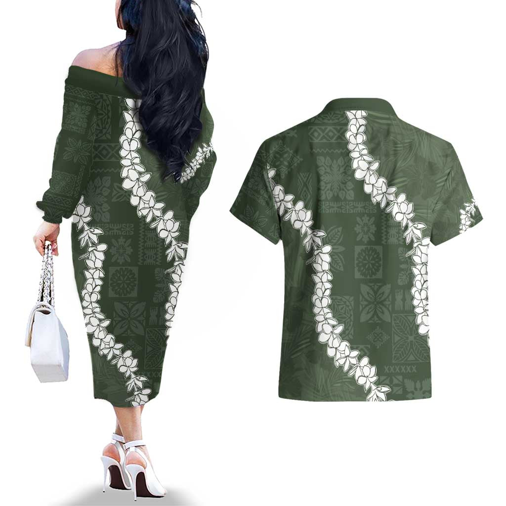 Hawaii Aloha Couples Matching Off The Shoulder Long Sleeve Dress and Hawaiian Shirt Sage Quilt Patch Work Mix Plumeria Lei