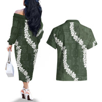Hawaii Aloha Couples Matching Off The Shoulder Long Sleeve Dress and Hawaiian Shirt Sage Quilt Patch Work Mix Plumeria Lei