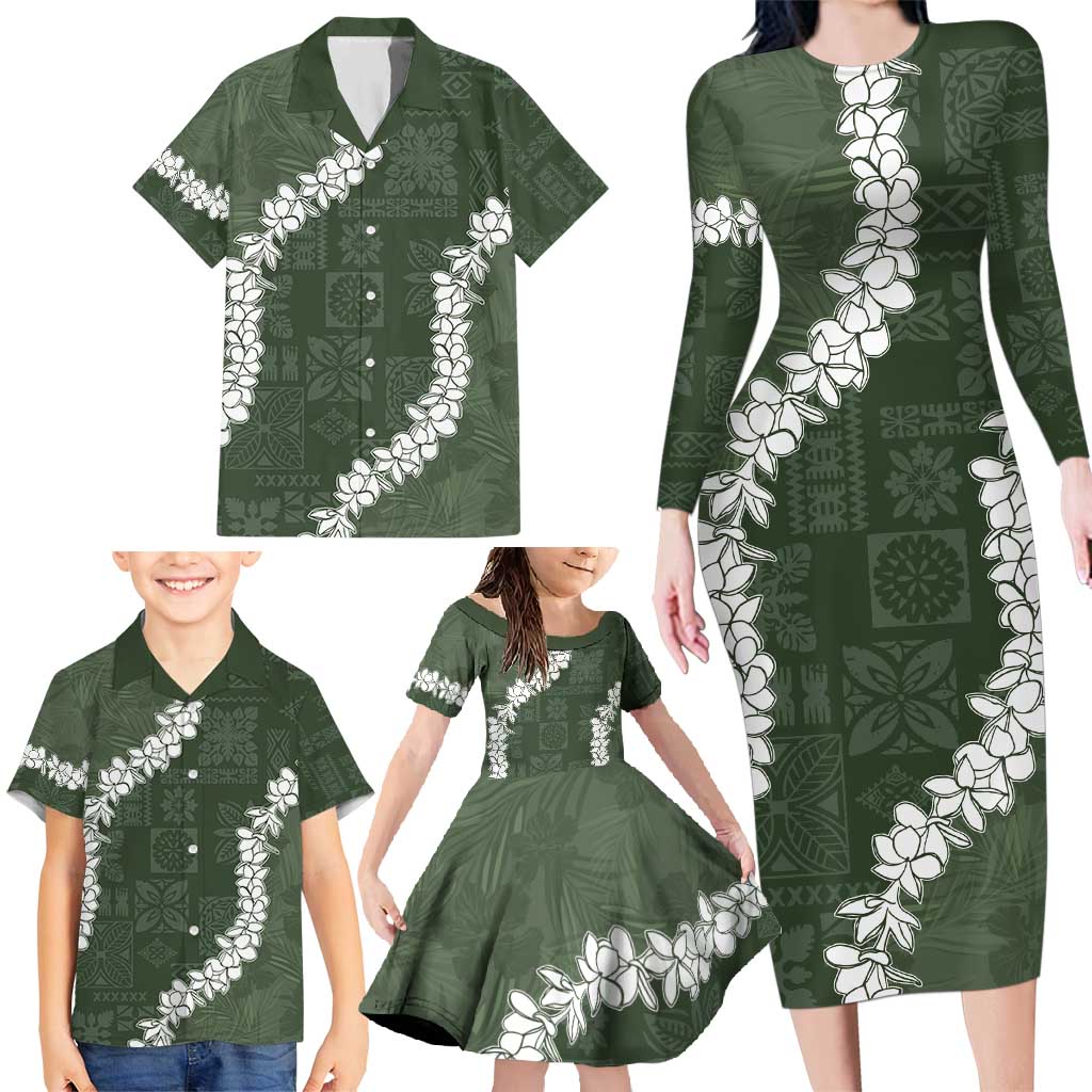 Hawaii Aloha Family Matching Long Sleeve Bodycon Dress and Hawaiian Shirt Sage Quilt Patch Work Mix Plumeria Lei LT7 - Polynesian Pride