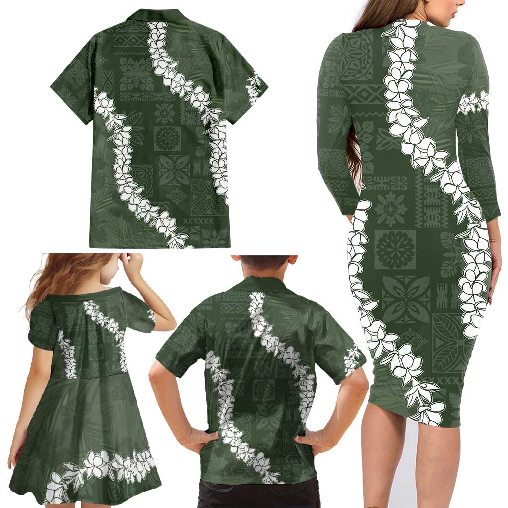 Hawaii Aloha Family Matching Long Sleeve Bodycon Dress and Hawaiian Shirt Sage Quilt Patch Work Mix Plumeria Lei LT7 - Polynesian Pride