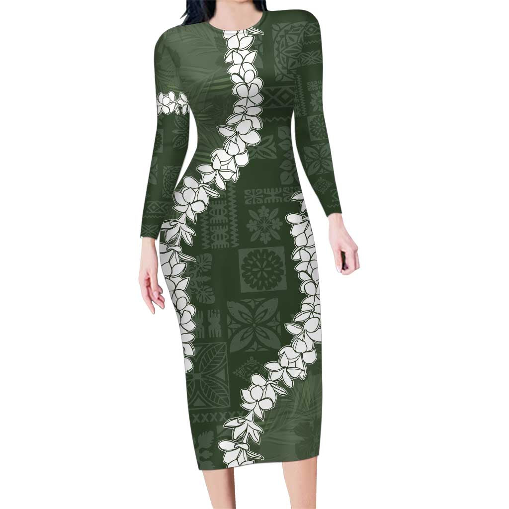 Hawaii Aloha Family Matching Long Sleeve Bodycon Dress and Hawaiian Shirt Sage Quilt Patch Work Mix Plumeria Lei LT7 Mom's Dress Sage - Polynesian Pride