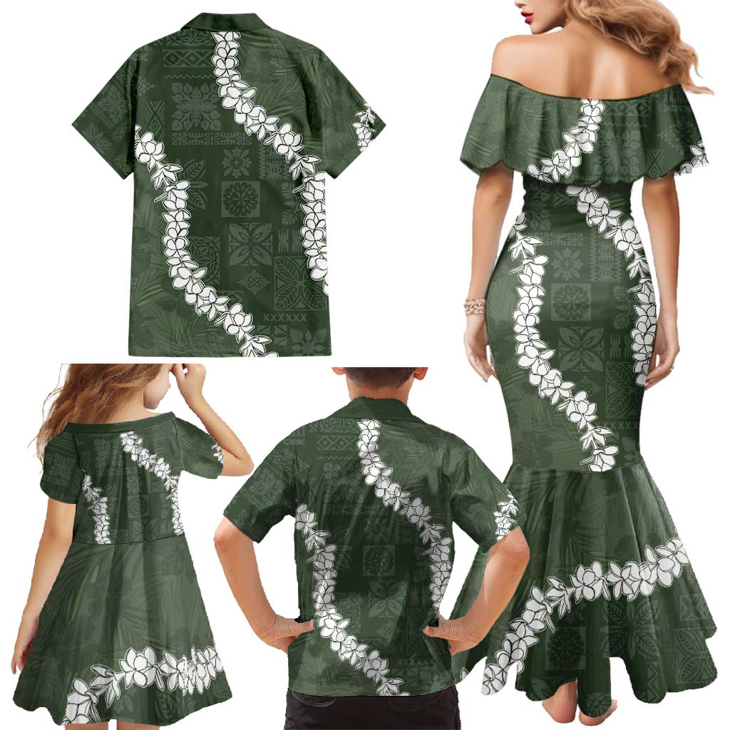 Hawaii Aloha Family Matching Mermaid Dress and Hawaiian Shirt Sage Quilt Patch Work Mix Plumeria Lei LT7 - Polynesian Pride