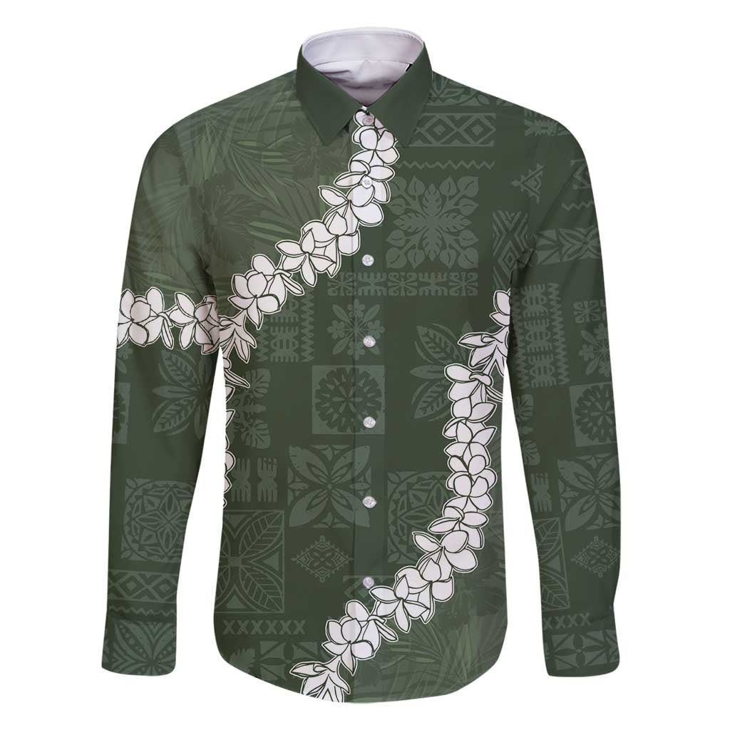 Hawaii Aloha Family Matching Mermaid Dress and Hawaiian Shirt Sage Quilt Patch Work Mix Plumeria Lei LT7 Dad's Shirt - Long Sleeve Sage - Polynesian Pride