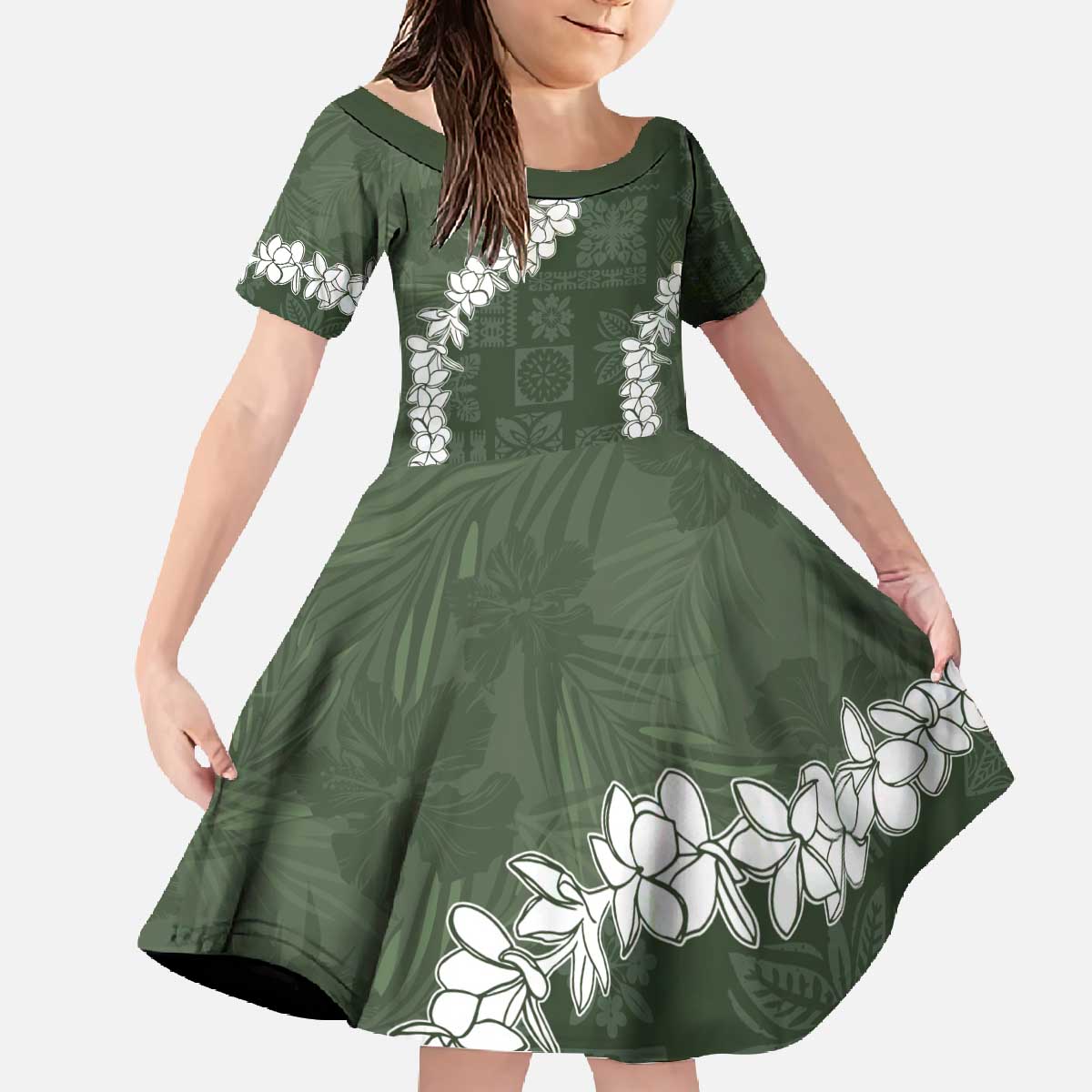 Hawaii Aloha Family Matching Off The Shoulder Long Sleeve Dress and Hawaiian Shirt Sage Quilt Patch Work Mix Plumeria Lei LT7 Daughter's Dress Sage - Polynesian Pride