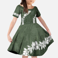 Hawaii Aloha Family Matching Off The Shoulder Long Sleeve Dress and Hawaiian Shirt Sage Quilt Patch Work Mix Plumeria Lei LT7 Daughter's Dress Sage - Polynesian Pride