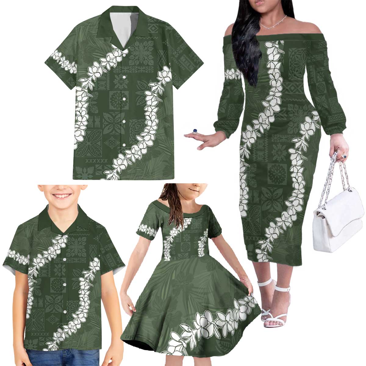 Hawaii Aloha Family Matching Off The Shoulder Long Sleeve Dress and Hawaiian Shirt Sage Quilt Patch Work Mix Plumeria Lei LT7 - Polynesian Pride