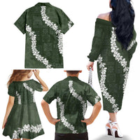 Hawaii Aloha Family Matching Off The Shoulder Long Sleeve Dress and Hawaiian Shirt Sage Quilt Patch Work Mix Plumeria Lei LT7 - Polynesian Pride