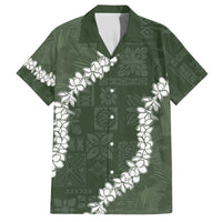 Hawaii Aloha Family Matching Off The Shoulder Long Sleeve Dress and Hawaiian Shirt Sage Quilt Patch Work Mix Plumeria Lei LT7 Dad's Shirt - Short Sleeve Sage - Polynesian Pride