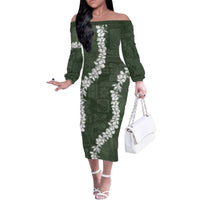 Hawaii Aloha Family Matching Off The Shoulder Long Sleeve Dress and Hawaiian Shirt Sage Quilt Patch Work Mix Plumeria Lei LT7 Mom's Dress Sage - Polynesian Pride