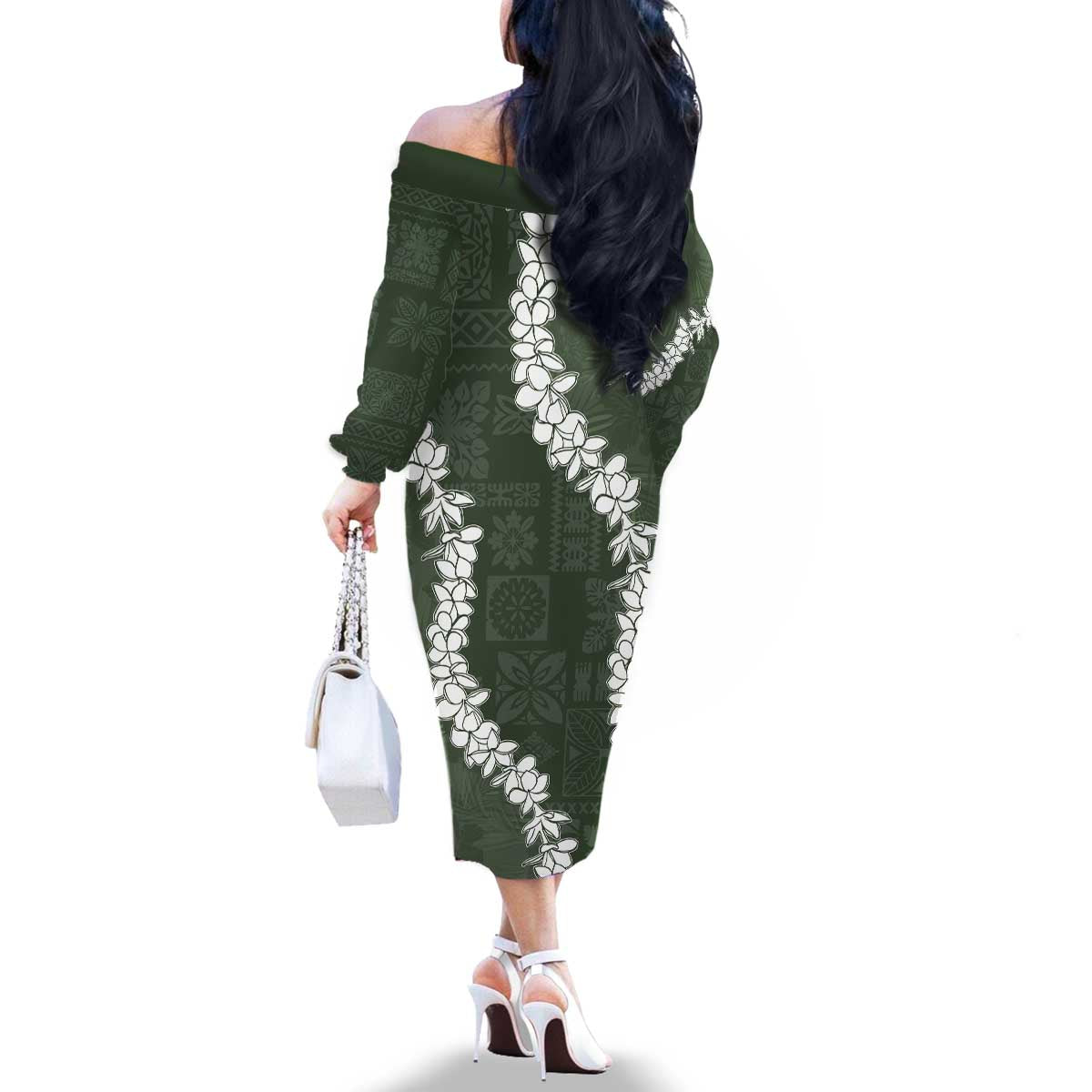 Hawaii Aloha Family Matching Off The Shoulder Long Sleeve Dress and Hawaiian Shirt Sage Quilt Patch Work Mix Plumeria Lei LT7 - Polynesian Pride