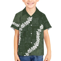 Hawaii Aloha Family Matching Off The Shoulder Long Sleeve Dress and Hawaiian Shirt Sage Quilt Patch Work Mix Plumeria Lei LT7 Son's Shirt Sage - Polynesian Pride