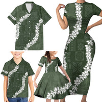 Hawaii Aloha Family Matching Short Sleeve Bodycon Dress and Hawaiian Shirt Sage Quilt Patch Work Mix Plumeria Lei LT7 - Polynesian Pride