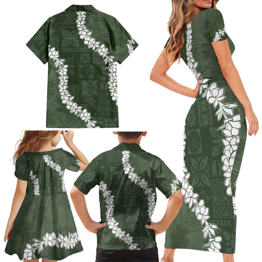Hawaii Aloha Family Matching Short Sleeve Bodycon Dress and Hawaiian Shirt Sage Quilt Patch Work Mix Plumeria Lei LT7 - Polynesian Pride