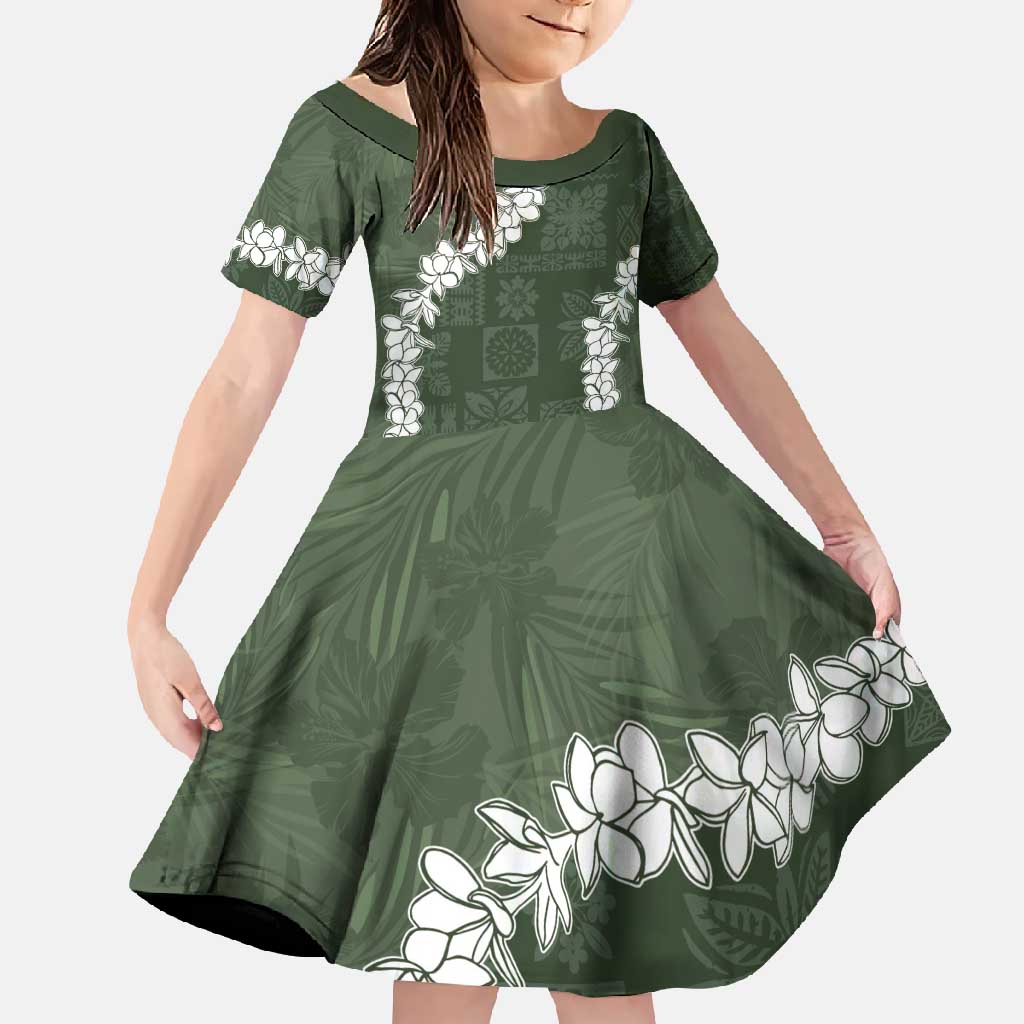 Hawaii Aloha Family Matching Tank Maxi Dress and Hawaiian Shirt Sage Quilt Patch Work Mix Plumeria Lei LT7 Daughter's Dress Sage - Polynesian Pride